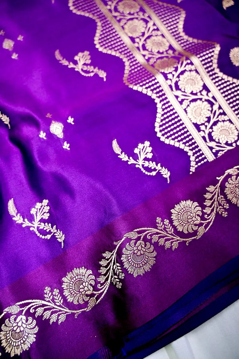 Royal Purple Banarasi Silk Saree with Scalloped Golden Zari Floral Border (RLSS-285)