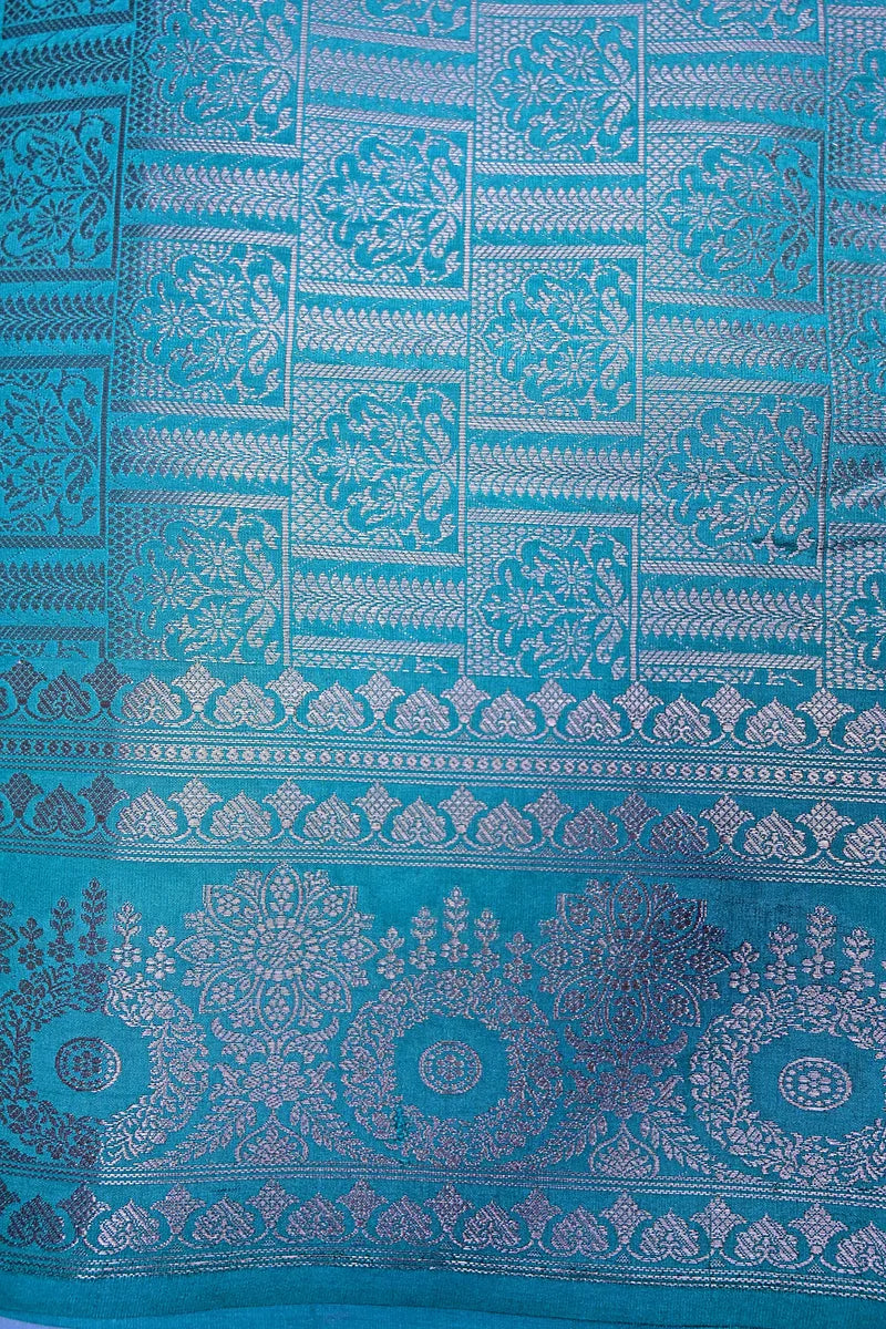 Powder Blue Banarasi Silk Saree with Silver Zari Floral Bootis & Mandala Border(RLSS-238)