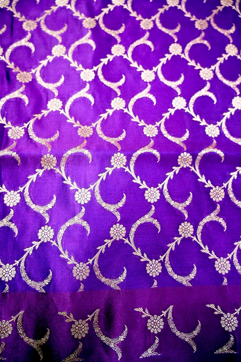 Royal Purple Banarasi Silk Saree with Scalloped Golden Zari Floral Border (RLSS-285)