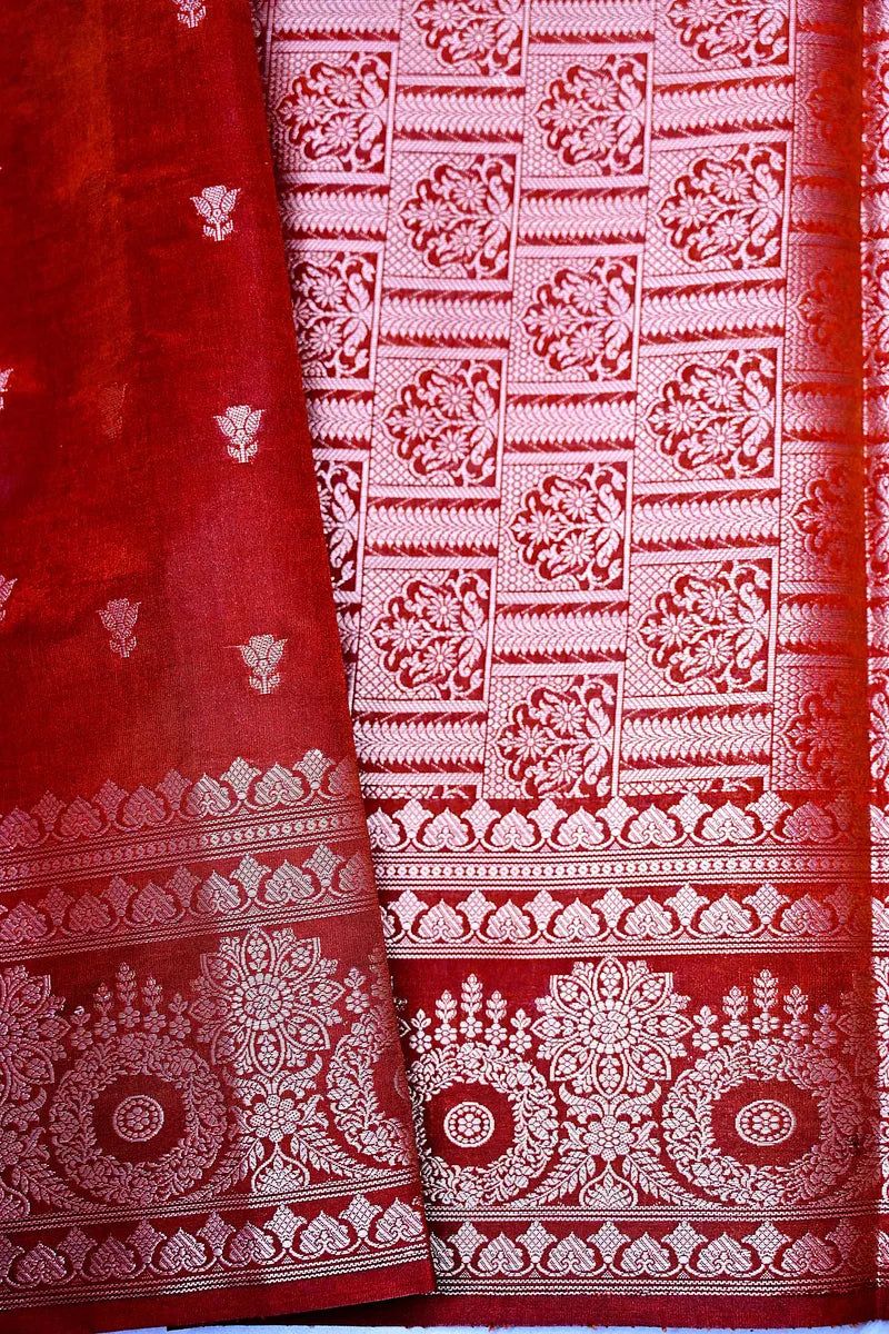 Crimson Red Banarasi Silk Saree with Silver Zari Floral Bootis & Mandala Border(RLSS-234)