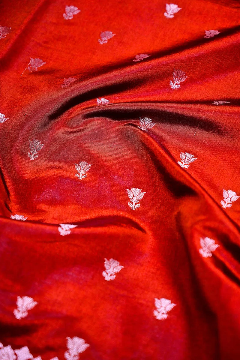 Crimson Red Banarasi Silk Saree with Silver Zari Floral Bootis & Mandala Border(RLSS-234)
