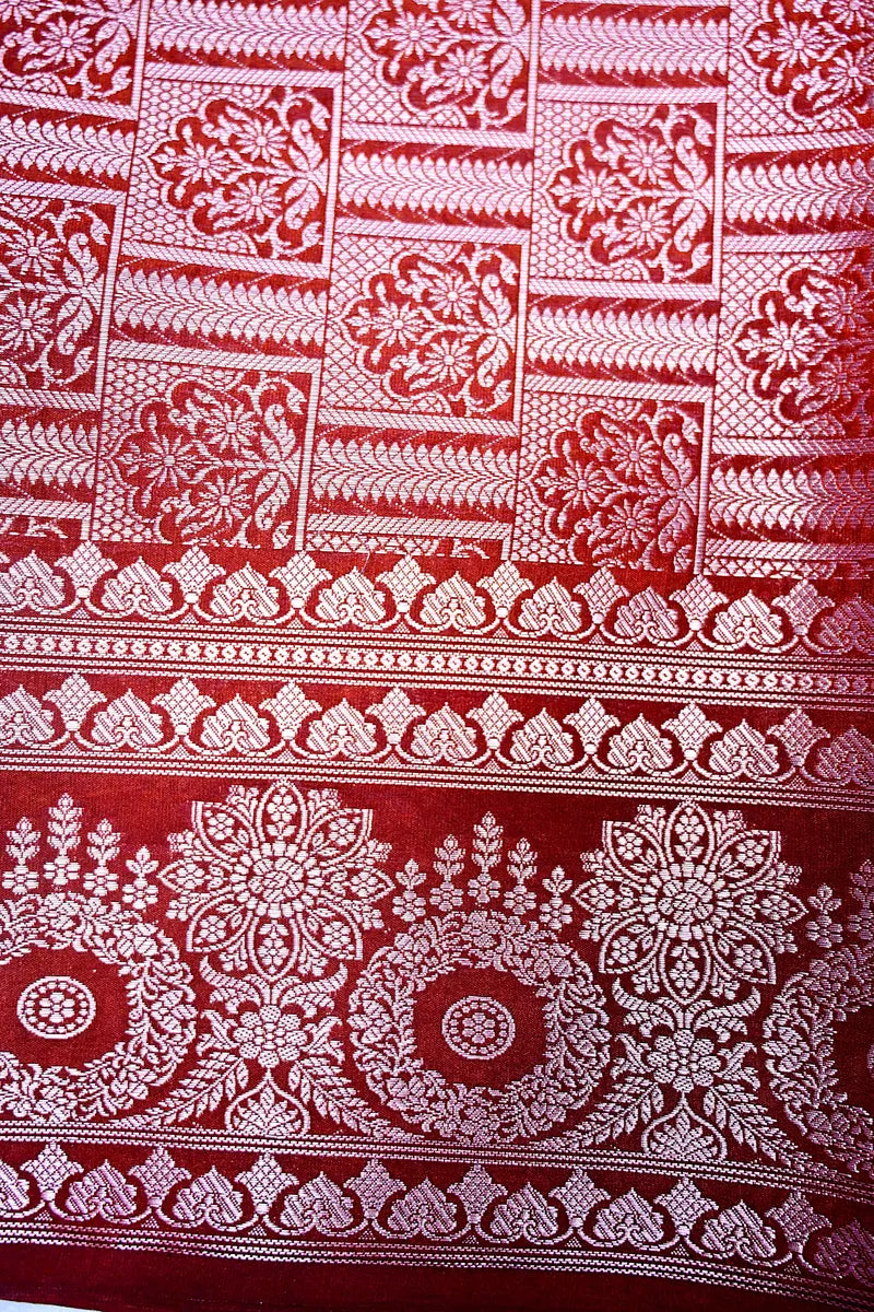 Crimson Red Banarasi Silk Saree with Silver Zari Floral Bootis & Mandala Border(RLSS-234)
