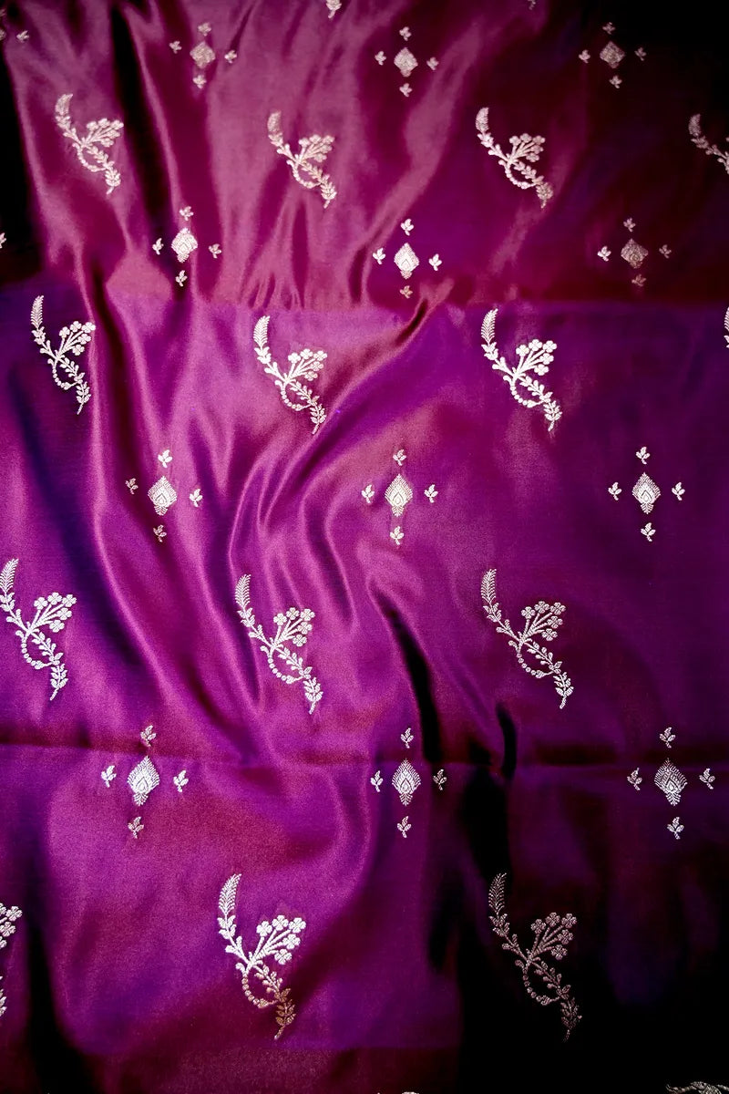Deep Wine Plum Banarasi Silk Saree with Scalloped Silver Zari Floral Border(RLSS-288)