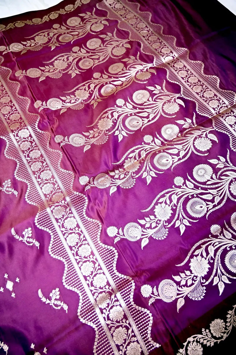Deep Wine Plum Banarasi Silk Saree with Scalloped Silver Zari Floral Border(RLSS-288)