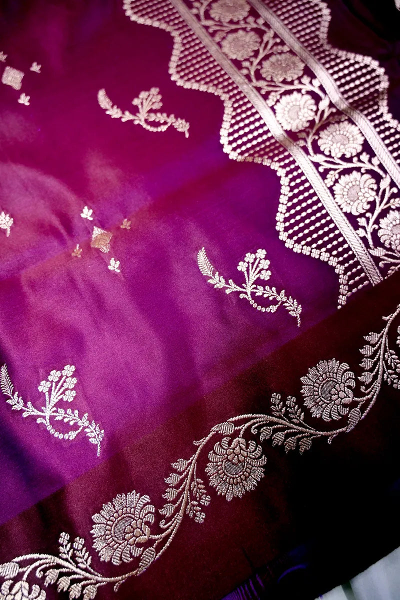 Deep Wine Plum Banarasi Silk Saree with Scalloped Silver Zari Floral Border(RLSS-288)