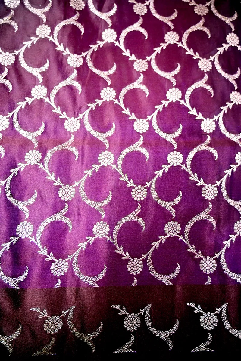 Deep Wine Plum Banarasi Silk Saree with Scalloped Silver Zari Floral Border(RLSS-288)