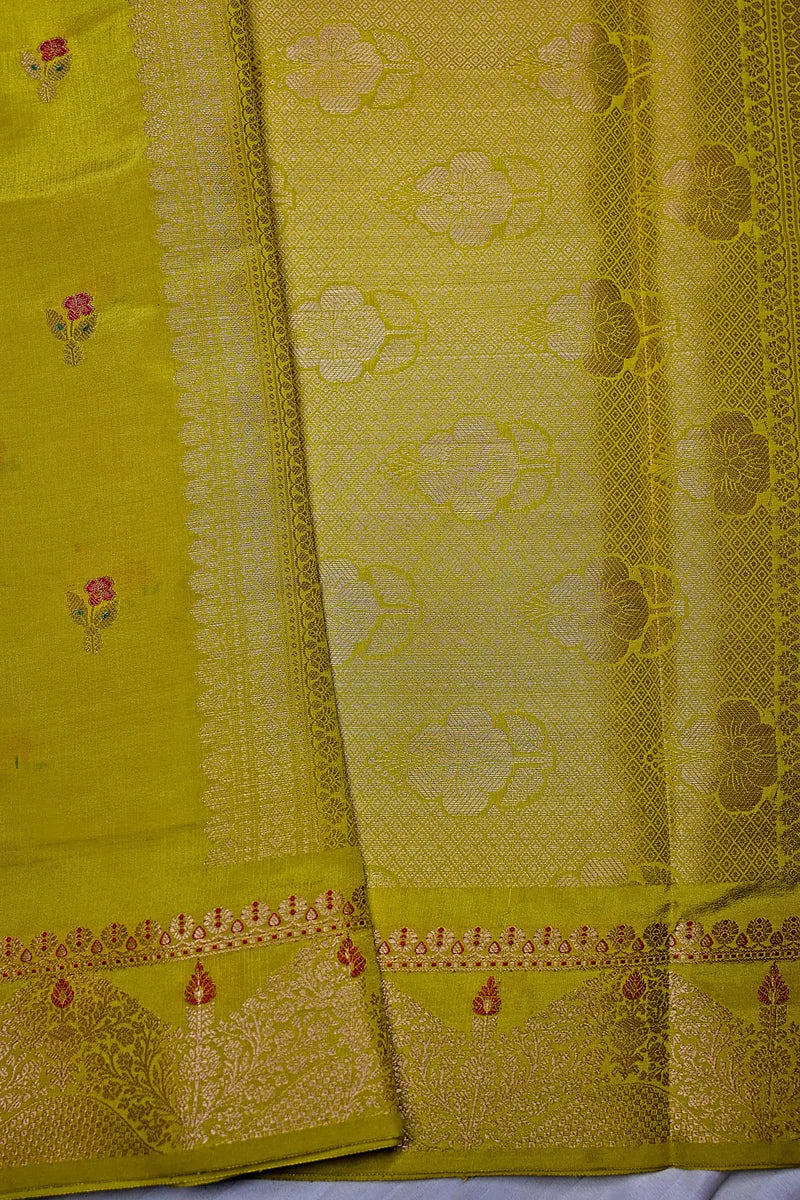 Mustard Yellow Banarasi Silk Saree with Floral Meenakari Bootis & Silver Zari Border(RLSS-233)