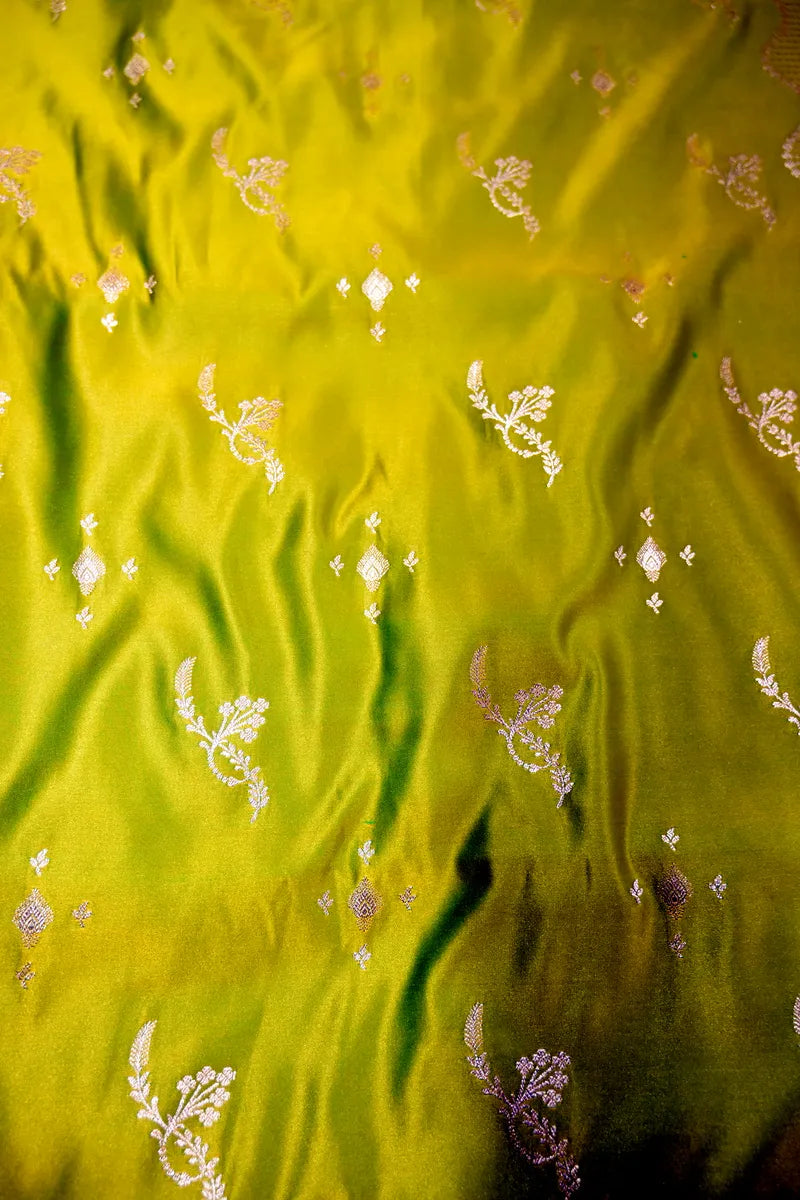 Chartreuse Green Katan Silk Saree Featuring Floral Twig Butis & Scallop Jaal Border (RLSS-290)
