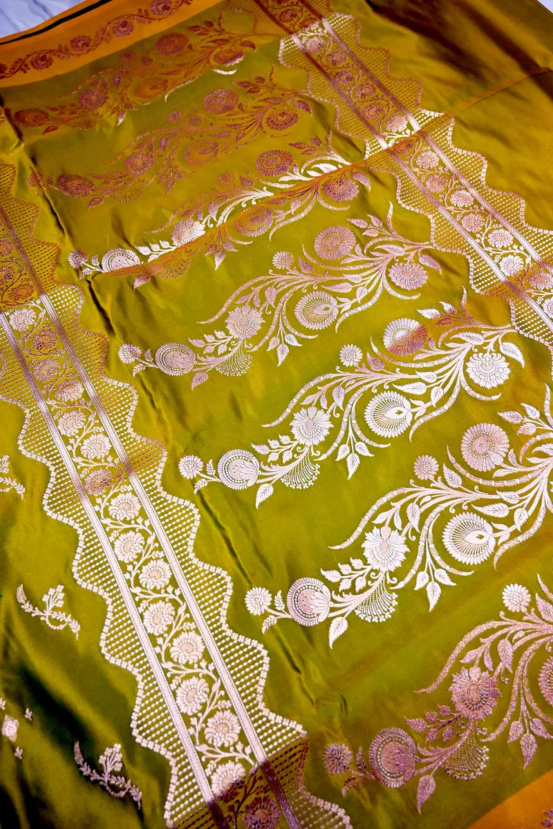 Chartreuse Green Katan Silk Saree Featuring Floral Twig Butis & Scallop Jaal Border (RLSS-290)