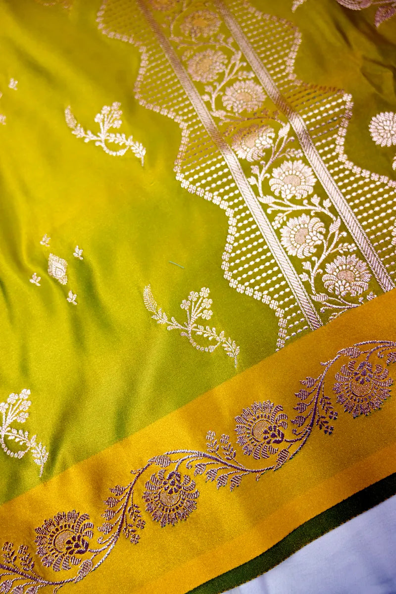 Chartreuse Green Katan Silk Saree Featuring Floral Twig Butis & Scallop Jaal Border (RLSS-290)