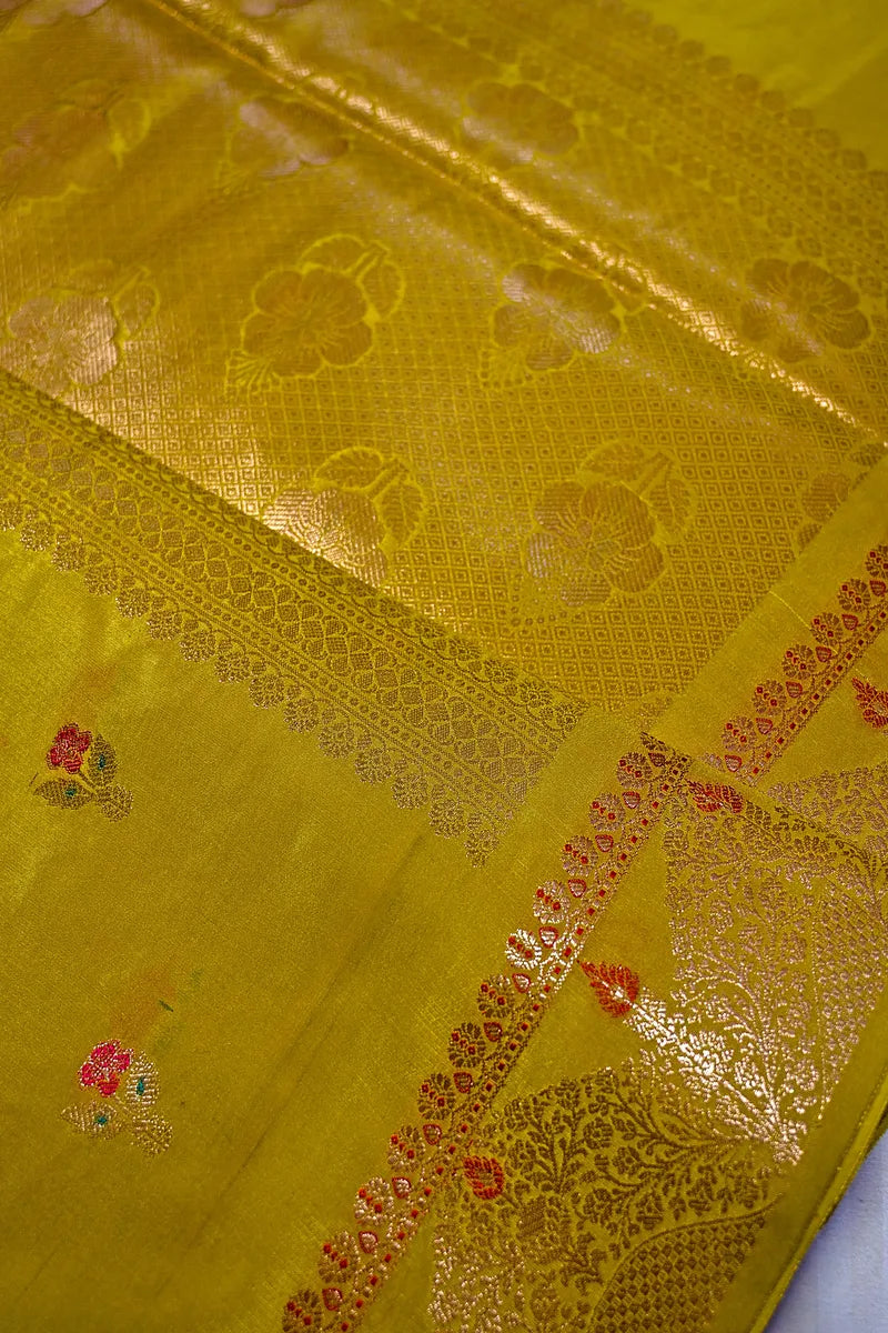 Mustard Yellow Banarasi Silk Saree with Floral Meenakari Bootis & Silver Zari Border(RLSS-233)