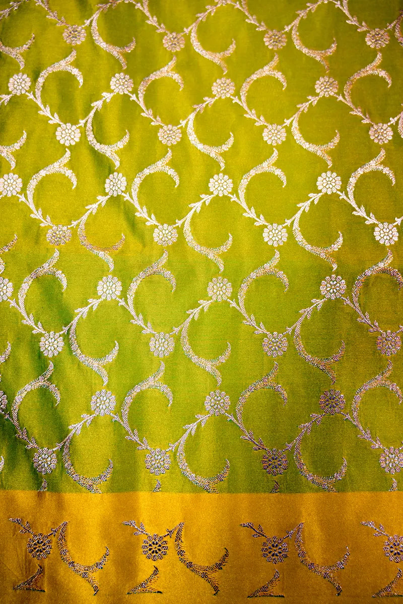 Chartreuse Green Katan Silk Saree Featuring Floral Twig Butis & Scallop Jaal Border (RLSS-290)