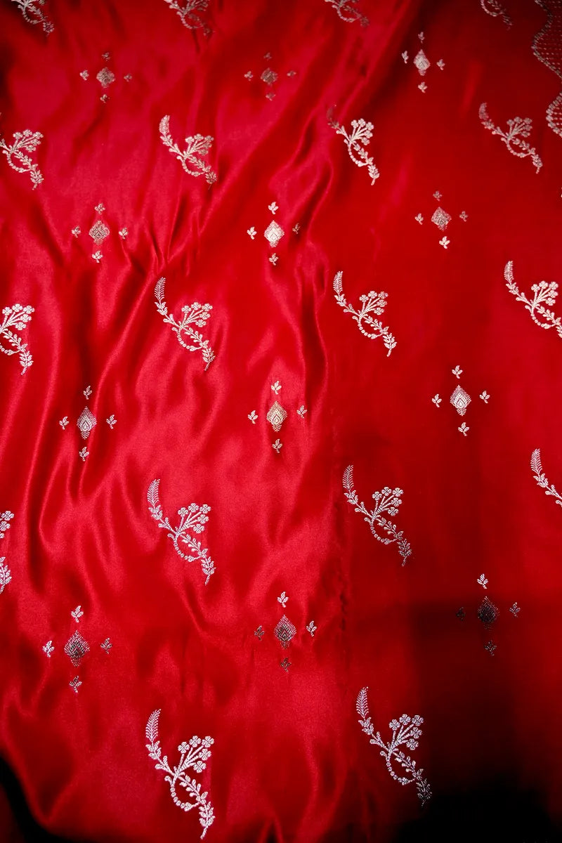 Tomato Red Banarasi Kataan Silk Saree with Scalloped Silver Zari Floral Border (RLSS-292)