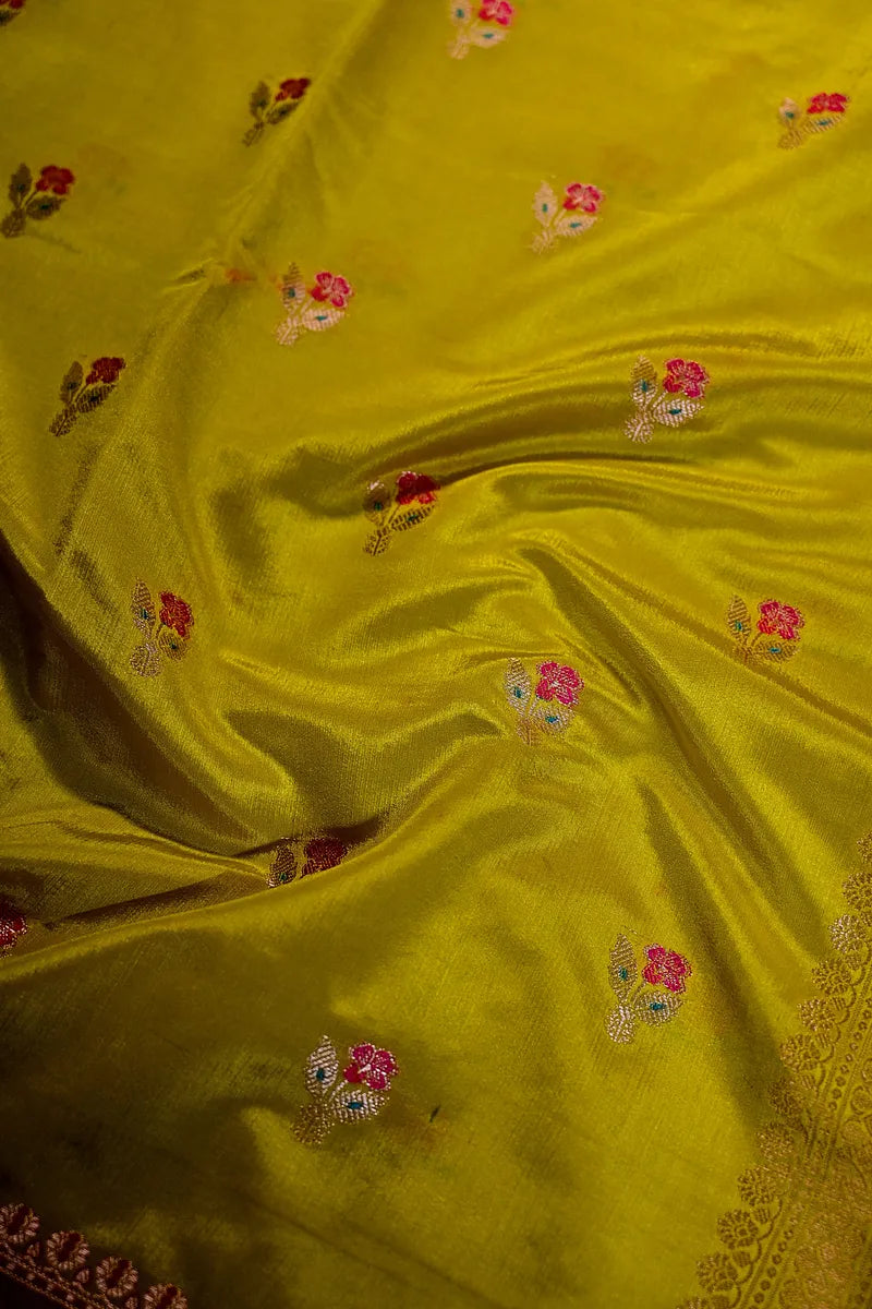 Mustard Yellow Banarasi Silk Saree with Floral Meenakari Bootis & Silver Zari Border(RLSS-233)