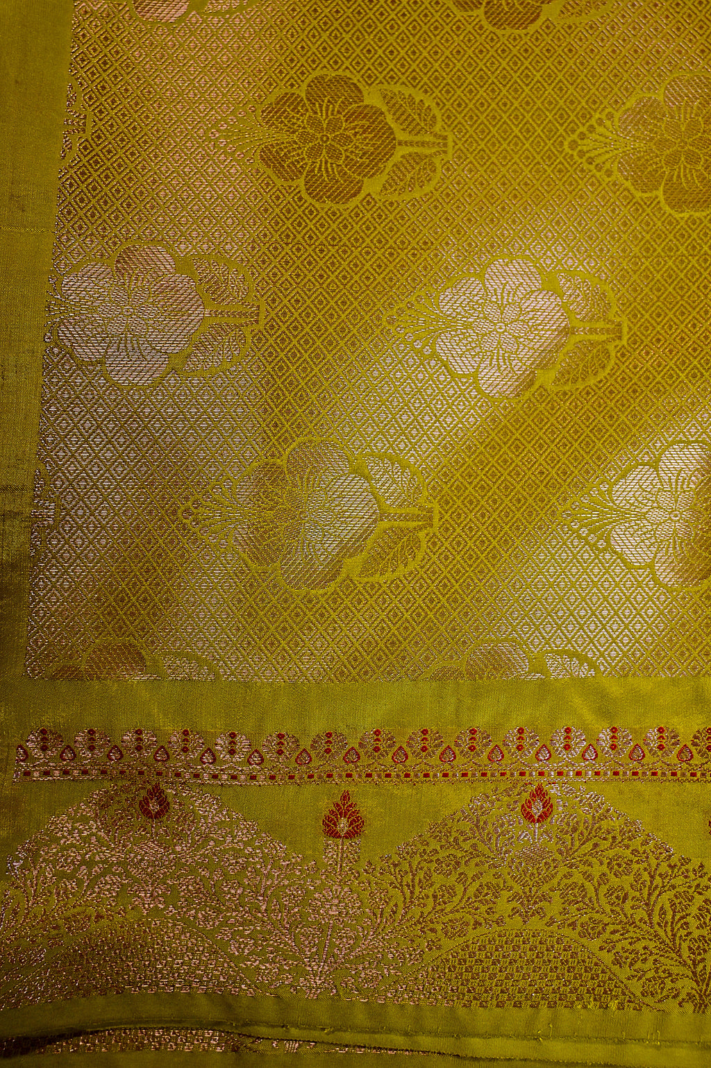 Mustard Yellow Banarasi Silk Saree with Floral Meenakari Bootis & Silver Zari Border(RLSS-233)