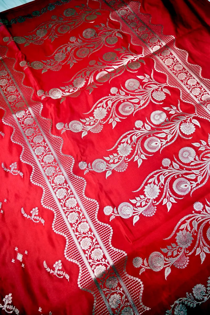 Tomato Red Banarasi Kataan Silk Saree with Scalloped Silver Zari Floral Border (RLSS-292)