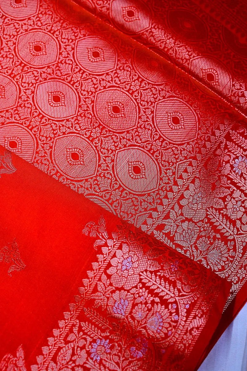 Crimson Red Banarasi Silk Saree with Silver Zari Floral Bootis & Tapestry Border(RLSS-240)