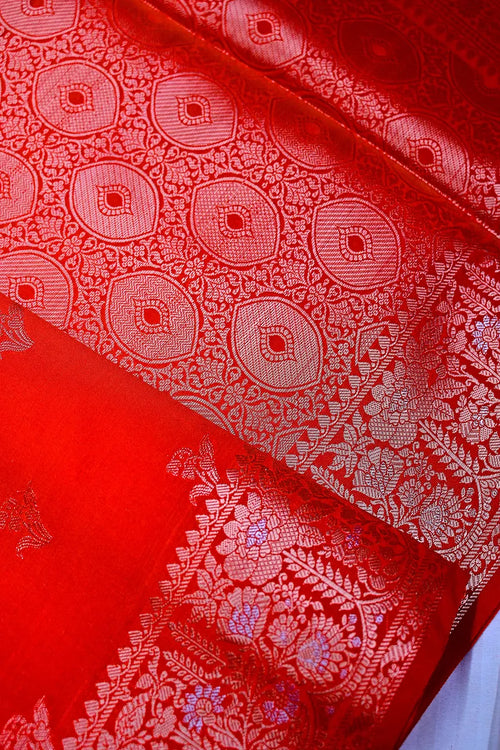 Crimson Red Banarasi Silk Saree with Silver Zari Floral Bootis & Tapestry Border(RLSS-240)