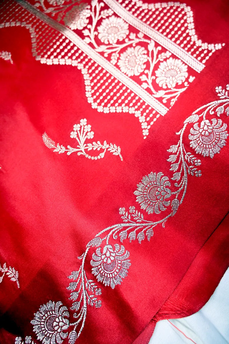 Tomato Red Banarasi Kataan Silk Saree with Scalloped Silver Zari Floral Border (RLSS-292)
