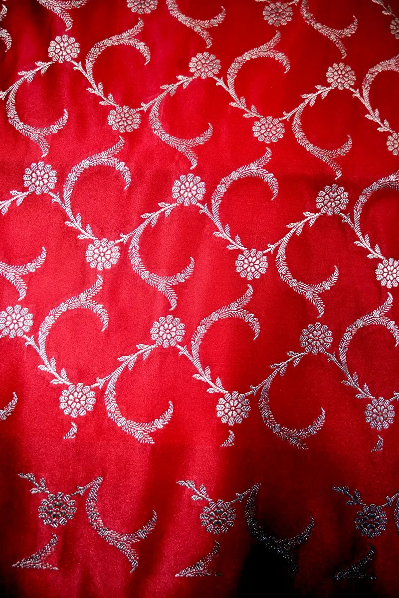 Tomato Red Banarasi Kataan Silk Saree with Scalloped Silver Zari Floral Border (RLSS-292)