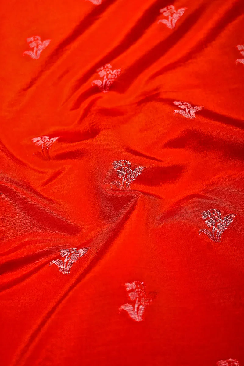 Crimson Red Banarasi Silk Saree with Silver Zari Floral Bootis & Tapestry Border(RLSS-240)