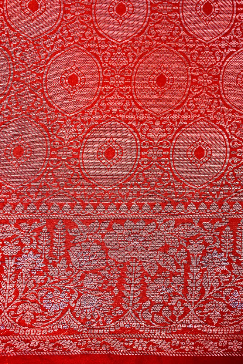 Crimson Red Banarasi Silk Saree with Silver Zari Floral Bootis & Tapestry Border(RLSS-240)