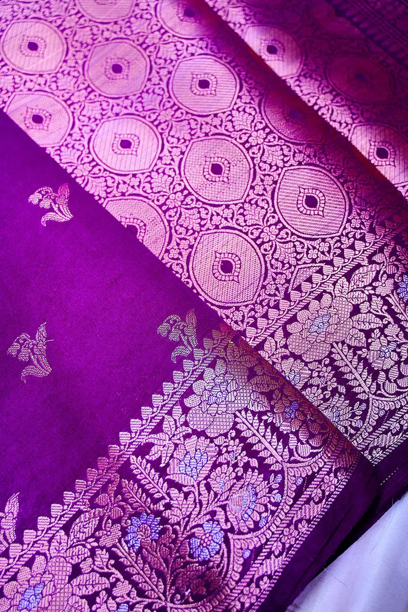 Deep Violet Banarasi Silk Saree with Silver Zari Floral Bootis & Tapestry Border(RLSS-239)