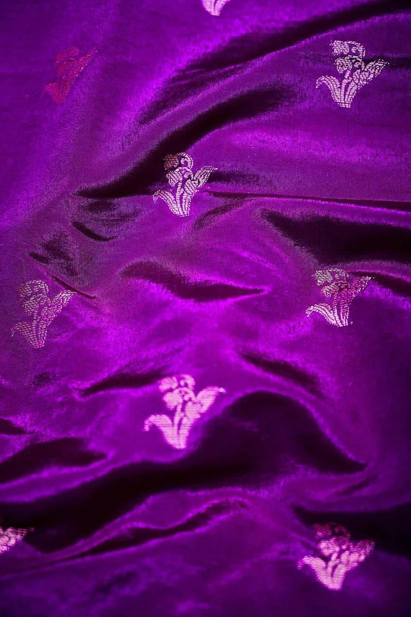 Deep Violet Banarasi Silk Saree with Silver Zari Floral Bootis & Tapestry Border(RLSS-239)