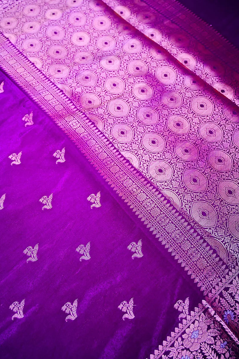 Deep Violet Banarasi Silk Saree with Silver Zari Floral Bootis & Tapestry Border(RLSS-239)