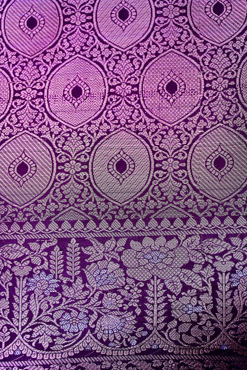 Deep Violet Banarasi Silk Saree with Silver Zari Floral Bootis & Tapestry Border(RLSS-239)