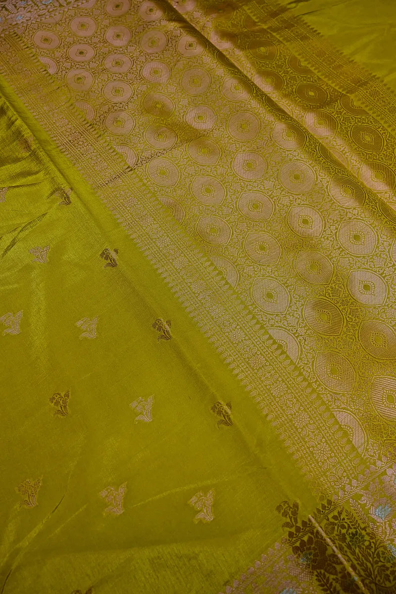 Olive Green Banarasi Silk Saree with Silver Zari Floral Bootis & Intricate Border(RLSS-232)