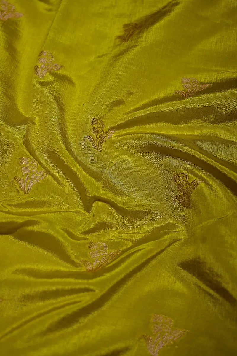 Olive Green Banarasi Silk Saree with Silver Zari Floral Bootis & Intricate Border(RLSS-232)