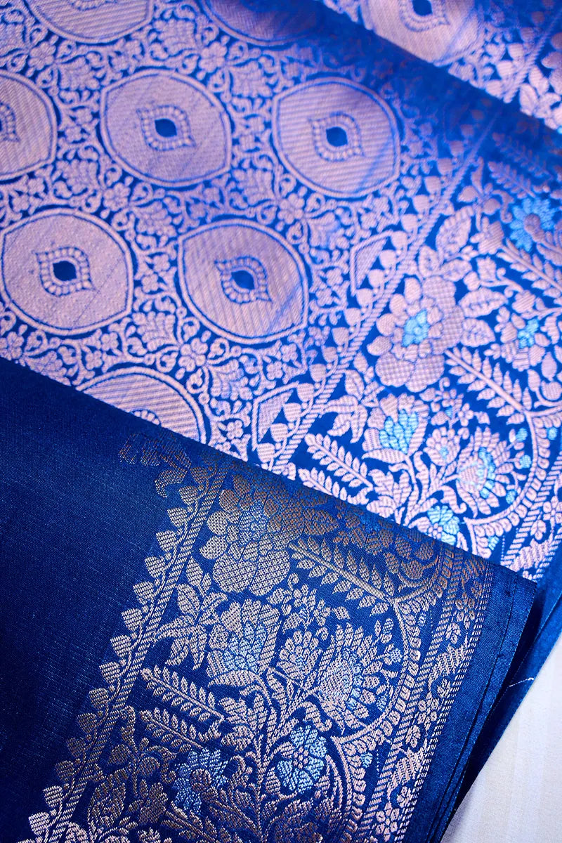 Royal Blue Banarasi Silk Saree with Silver Zari Floral Bootis & Intricate Border(RLSS-231)
