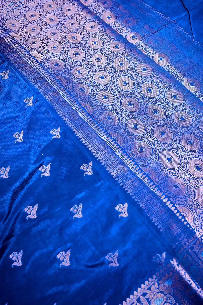 Royal Blue Banarasi Silk Saree with Silver Zari Floral Bootis & Intricate Border(RLSS-231)
