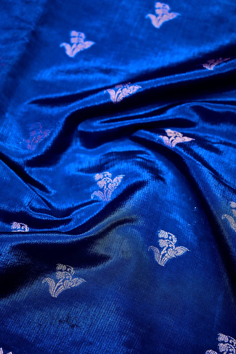 Royal Blue Banarasi Silk Saree with Silver Zari Floral Bootis & Intricate Border(RLSS-231)