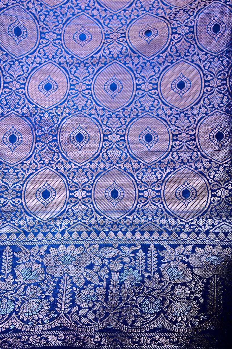 Royal Blue Banarasi Silk Saree with Silver Zari Floral Bootis & Intricate Border(RLSS-231)