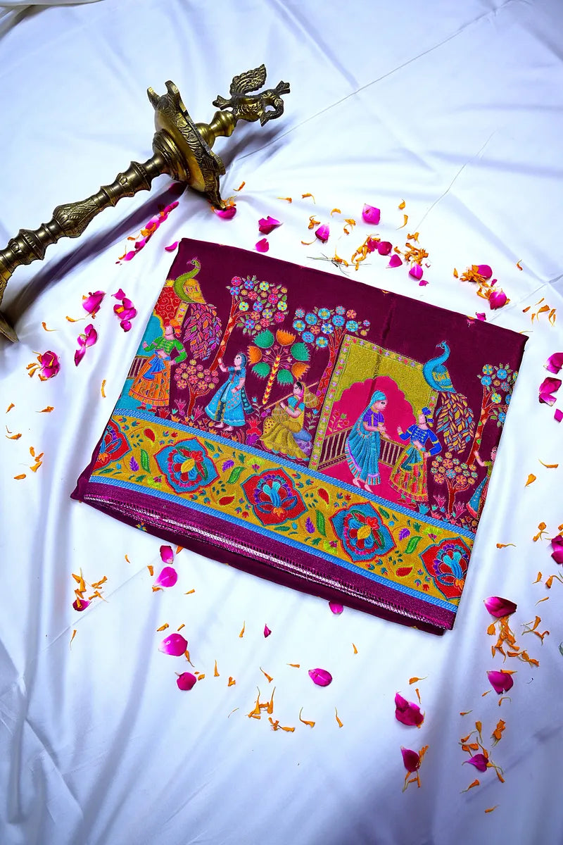 Deep Plum Banarasi Pashmeena Silk Saree with Royal Court & Garden Meenakari Pictorial Weave(RLSS-230)
