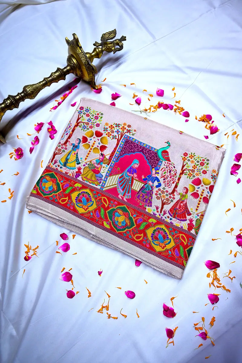 Beige Banarasi Pashmeena Silk Saree with Royal Court & Garden Meenakari Pictorial Weave (RLSS-226)