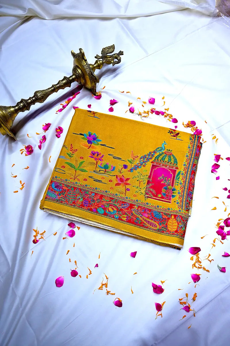 Mustard Yellow Banarasi Pashmeena Silk Saree with Vibrant Meenakari Lotus & Peacock Motifs(RLSS-228)