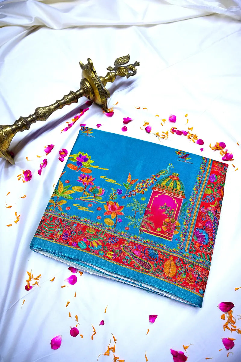 Royal Turquoise Designer Banarasi Pashmeena Silk Saree with Intricate Red Meenakari Tapestry Border(RLSS-227)