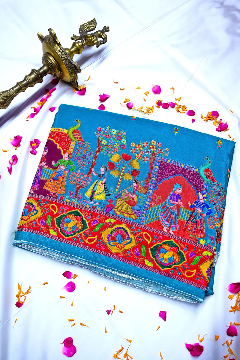 Teal Blue Banarasi Pashmeena Silk Saree with Royal Court & Garden Meenakari Pictorial Weave(RLSS-229)