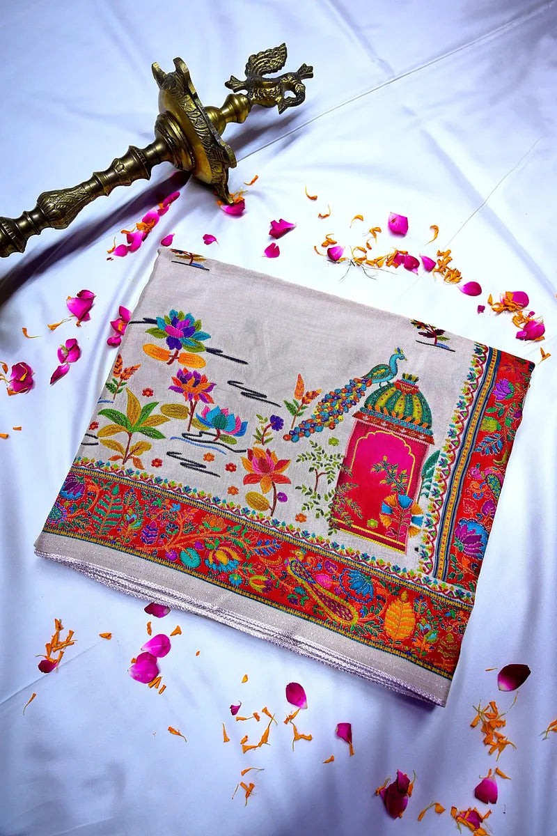 Off-White Banarasi Pashmeena Silk Saree featuring Multicolored Floral Meenakari Weave(RLSS-225)