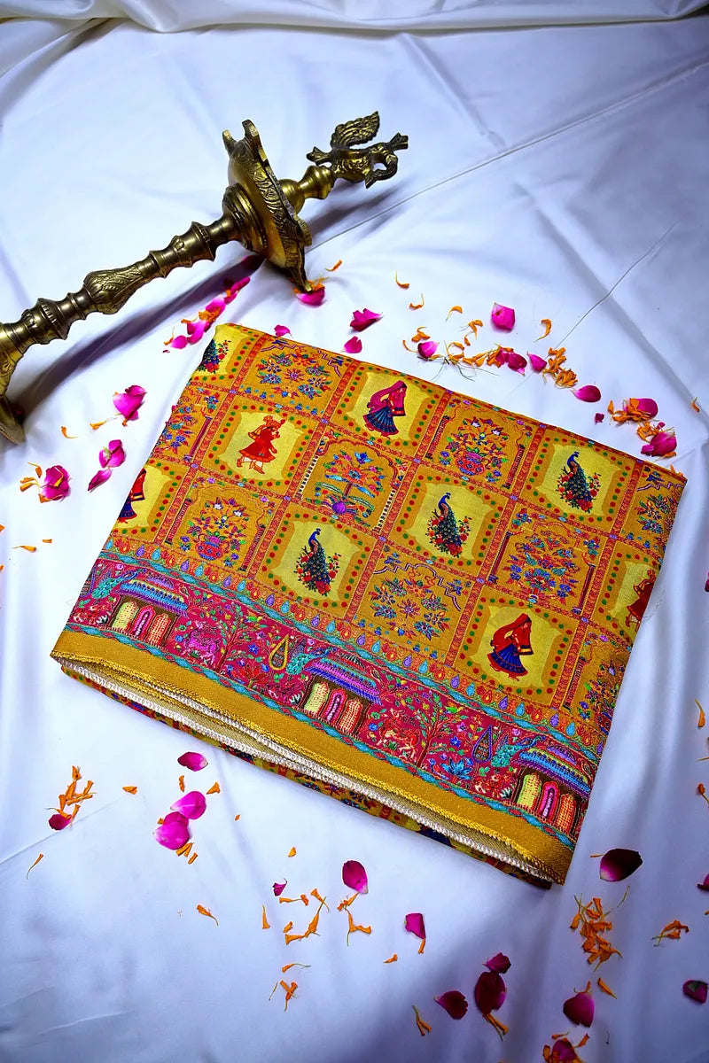 Premium Mustard Yellow Banarasi Pashmeena Silk Saree with Vibrant Multicolor Traditional Weave(RLSS-224)