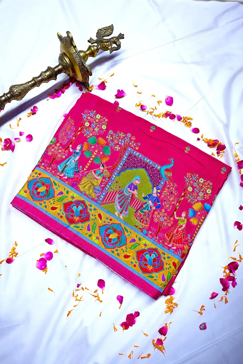 Royal Pink Banarasi Pashmeena Silk Saree with Multicolor Floral & Meenakari Weaving(RLSS-219)