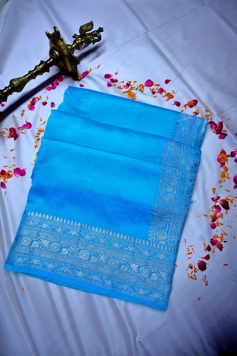 Vibrant Sky Blue Banarasi Silk Saree with Fine Silver Zari Floral Border(RLSS-211)