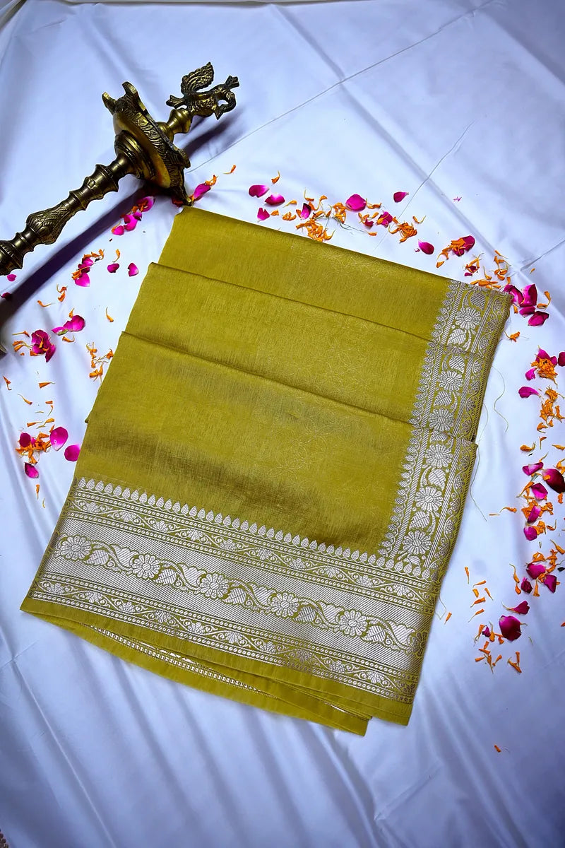 Olive Green Banarasi Silk Saree with Intricate Silver Zari Floral Border(RLSS-212)