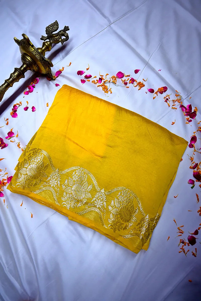 Sunshine Yellow Banarasi Silk Saree with Silver Zari Scalloped Floral BorderRLSS-193)