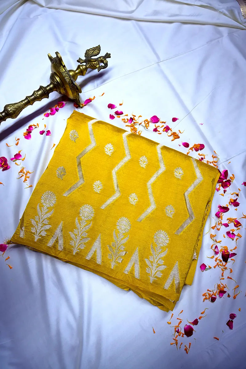 Mustard Yellow Banarasi Silk Saree with Silver Zari Chevron & Floral Weaving(RLSS-189)