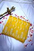 Mustard Yellow Banarasi Silk Saree with Silver Zari Chevron & Floral Weaving(RLSS-189)
