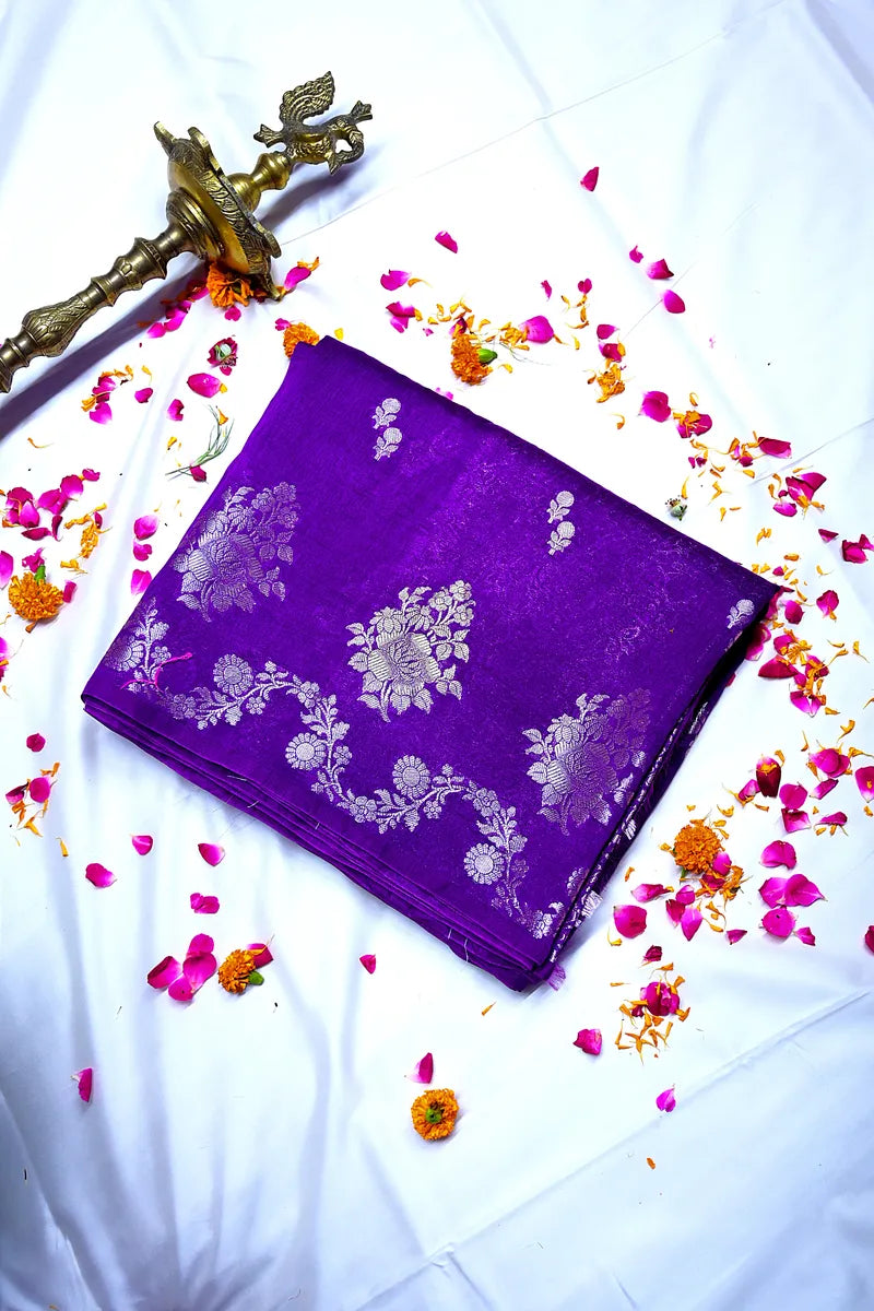 Vibrant Violet Silk Saree featuring Silver Zari Floral Brocade & Woven Border(RLSS-208)